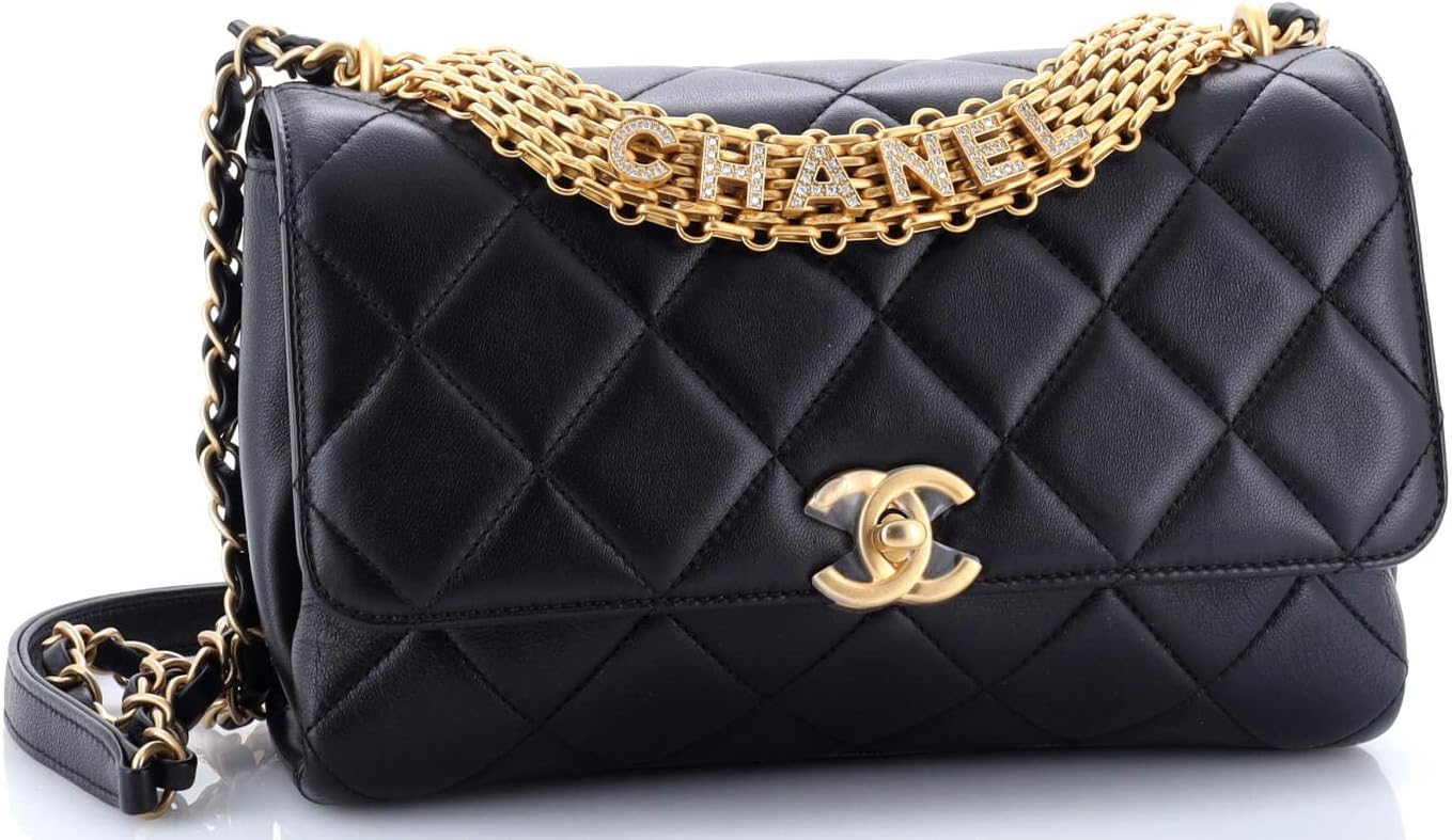 Chanel, Crystal Logo Letters Chain Handle Flap Bag Quilted Lambskin Medium, Black