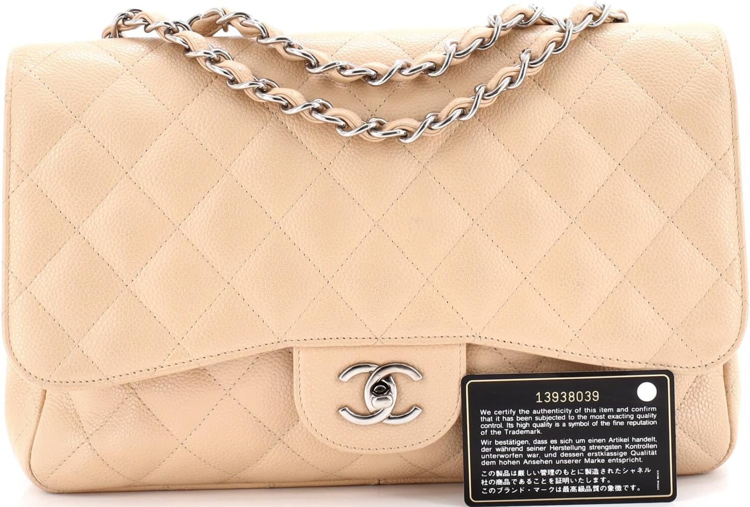 Chanel, Classic Single Flap Bag Quilted Caviar Jumbo, Neutral