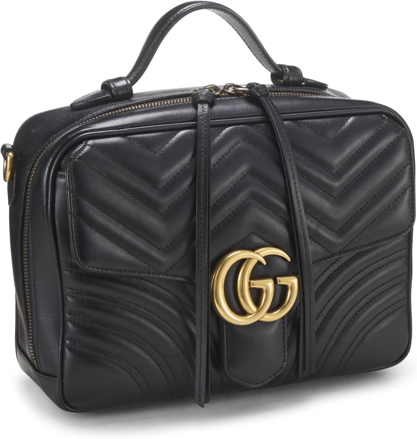 Gucci, Black Leather GG Marmont Top Handle Shoulder Bag Small, Black