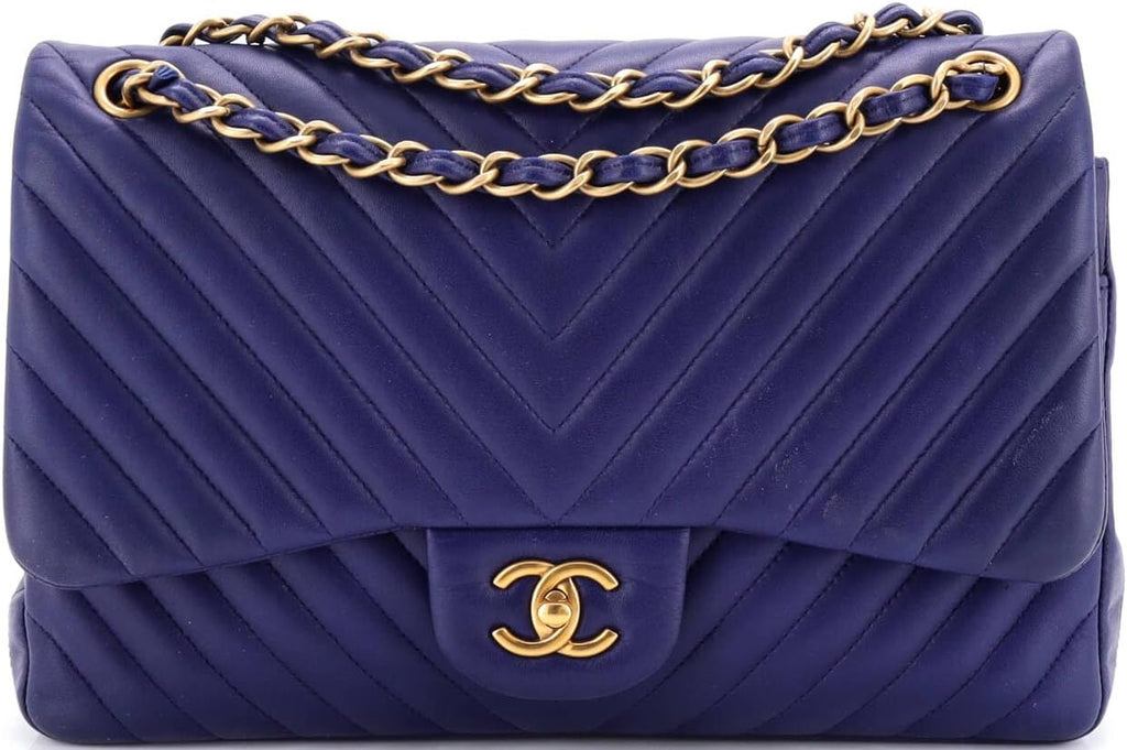 Chanel, Classic Double Flap Bag Chevron Lambskin Jumbo, Blue