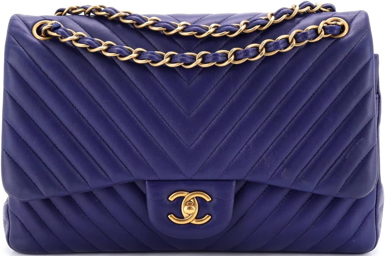 Chanel, Classic Double Flap Bag Chevron Lambskin Jumbo, Blue