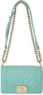 Chanel, Green Quilted Caviar Boy Small, Green