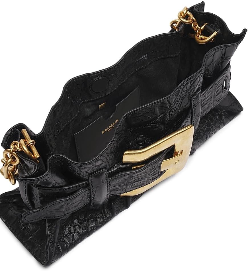 Balmain, Mini Anthem Croc-Embossed Leather Shoulder Bag, Noir