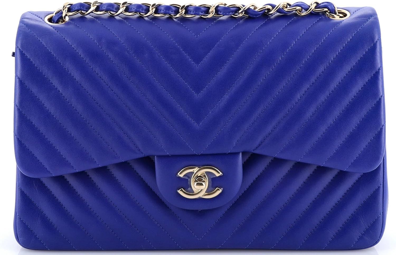 Chanel, Classic Double Flap Bag Chevron Lambskin Jumbo, Blue