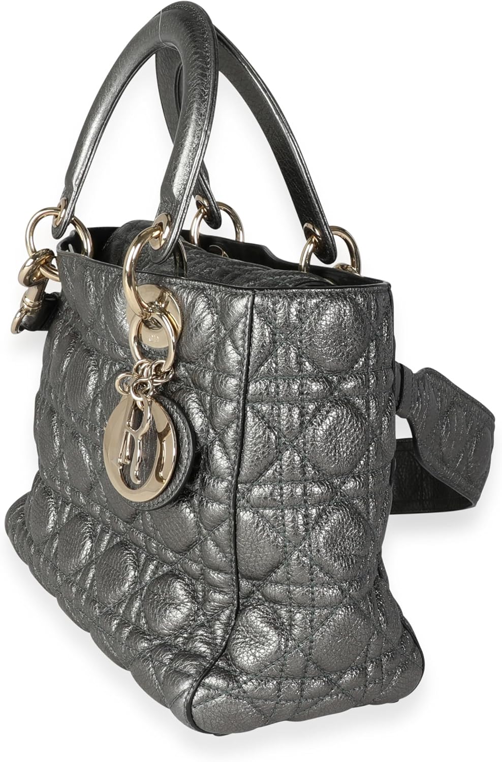 Dior, Metallic Silver Supple Cannage Leather Medium Lady Dior Tote, Green