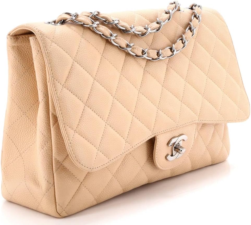 Chanel, Classic Single Flap Bag Quilted Caviar Jumbo, Neutral
