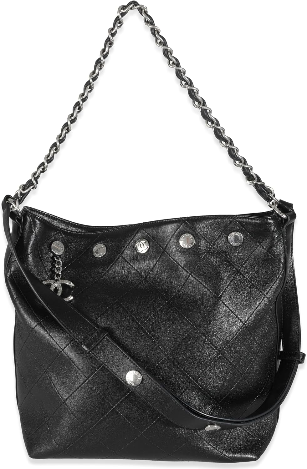 Chanel, Black Quilted Calfskin CC Large Button Bucket Bag, Black