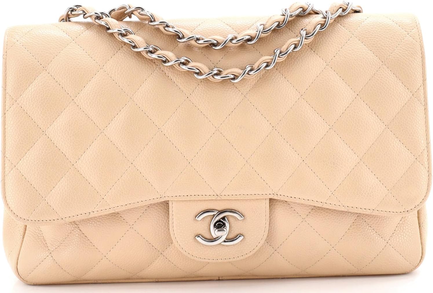 Chanel, Classic Single Flap Bag Quilted Caviar Jumbo, Neutral