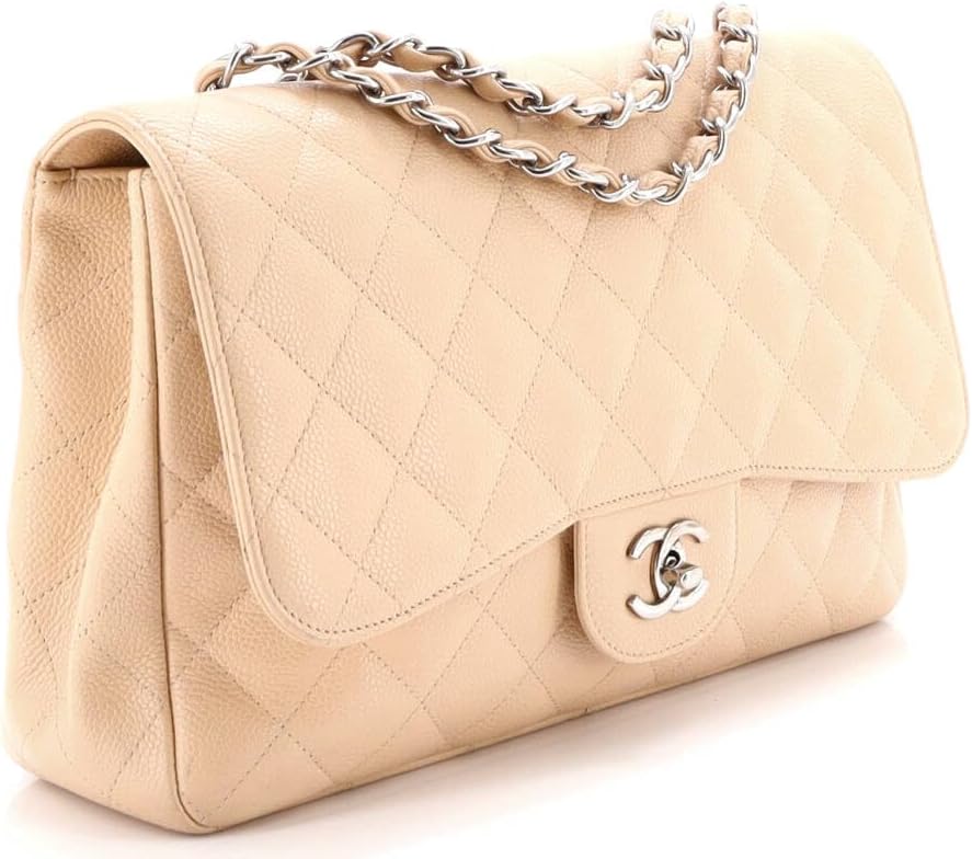 Chanel, Classic Single Flap Bag Quilted Caviar Jumbo, Neutral