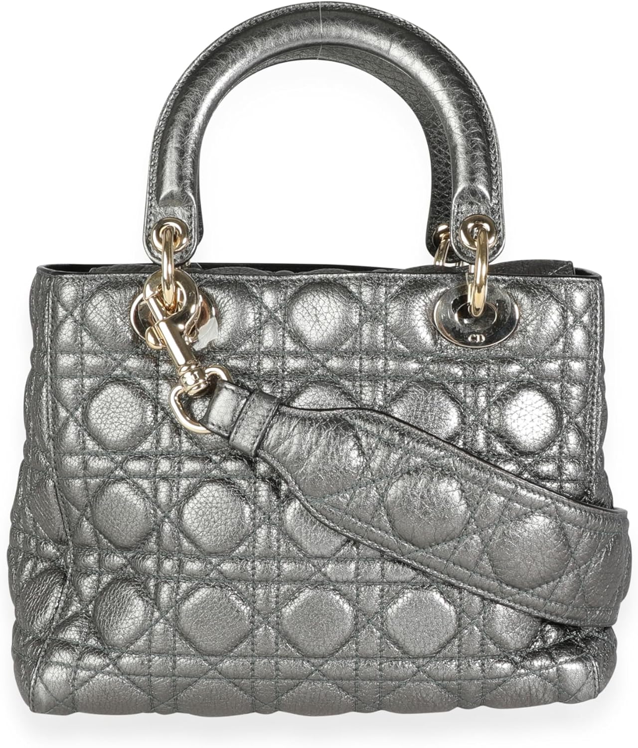 Dior, Metallic Silver Supple Cannage Leather Medium Lady Dior Tote, Green
