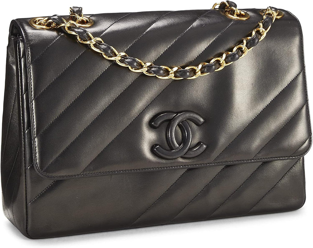 Chanel, Black Diagonal Lambskin Flap Jumbo, Black