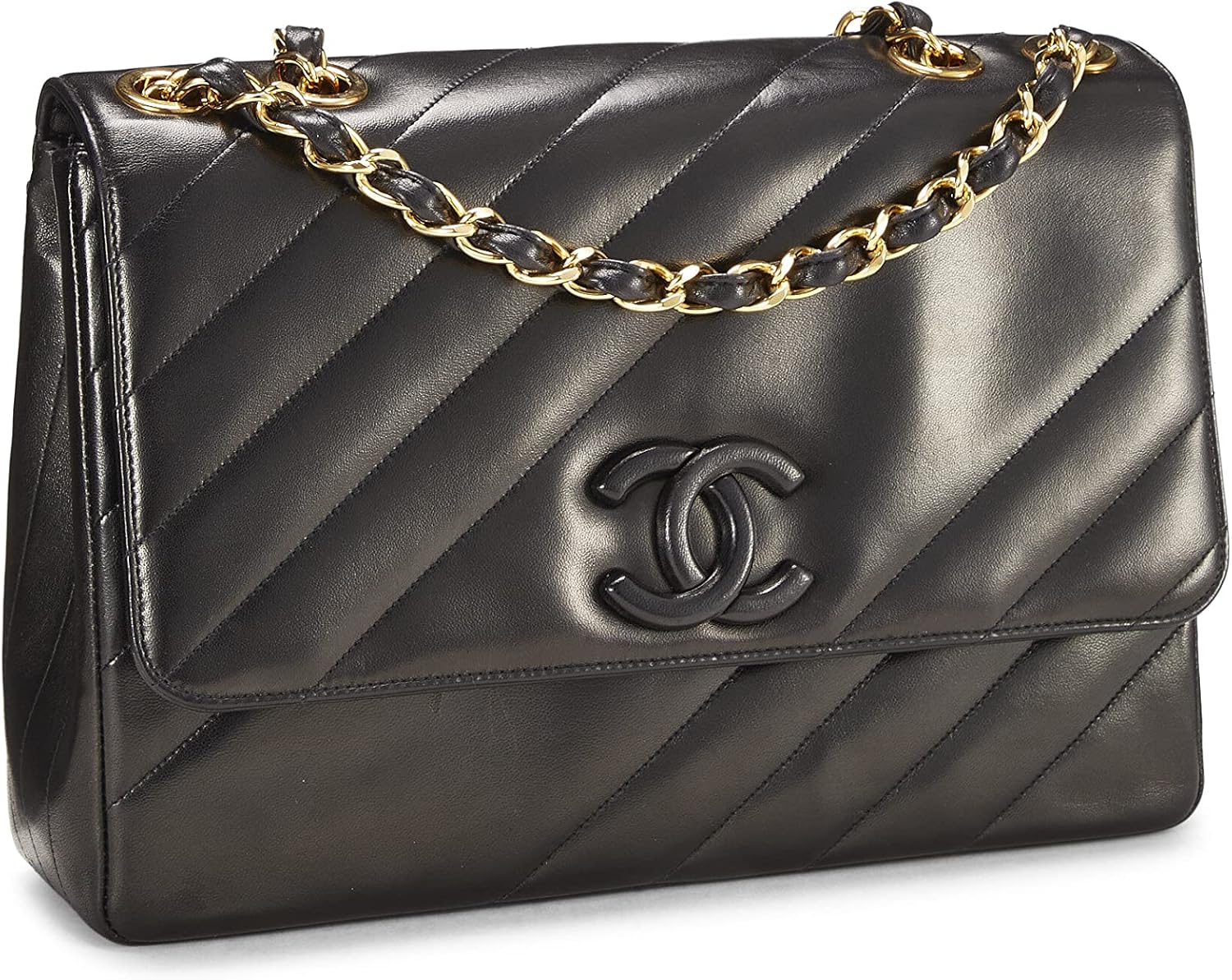 Chanel, Black Diagonal Lambskin Flap Jumbo, Black