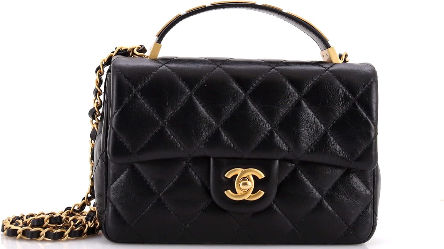 Chanel, Coco CC Plaques Top Handle Flap Bag Quilted Lambskin Mini, Black