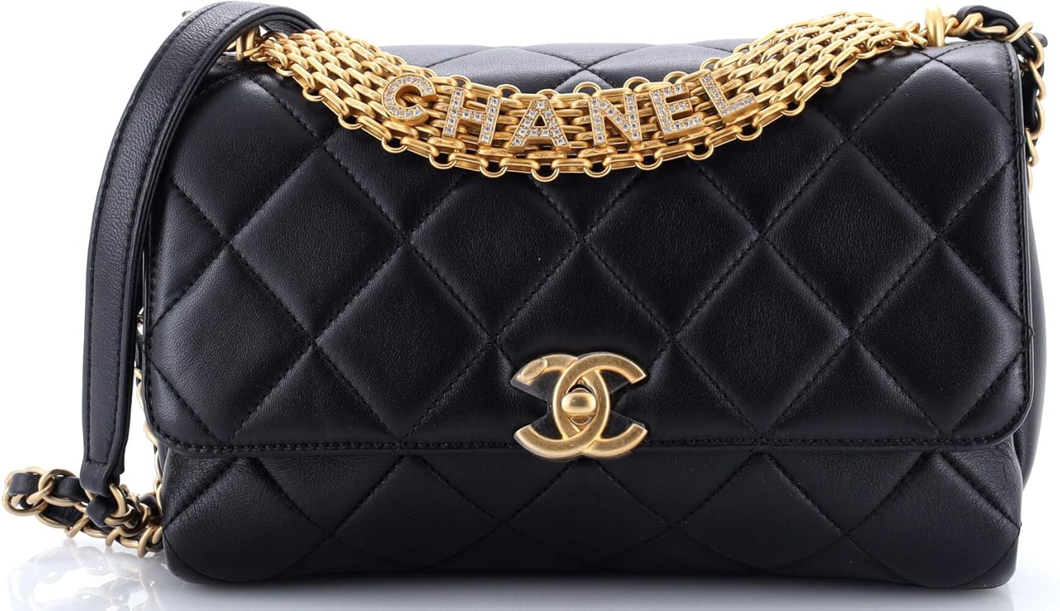 Chanel, Crystal Logo Letters Chain Handle Flap Bag Quilted Lambskin Medium, Black