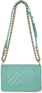Chanel, Green Quilted Caviar Boy Small, Green