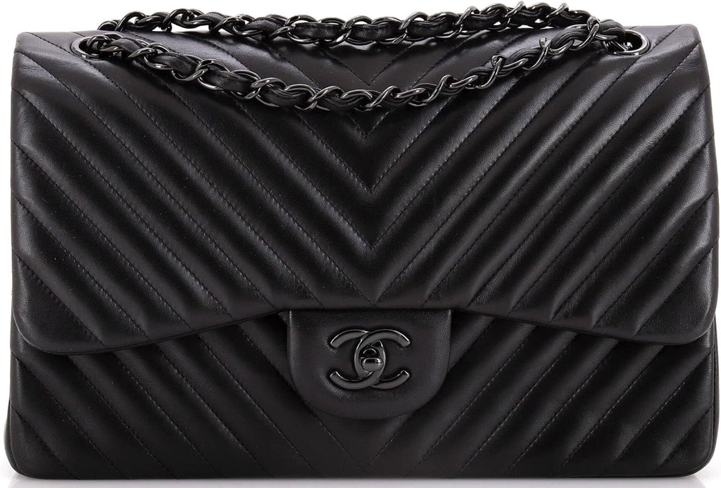 Chanel, So Black Classic Double Flap Bag Chevron Lambskin Jumbo, Black