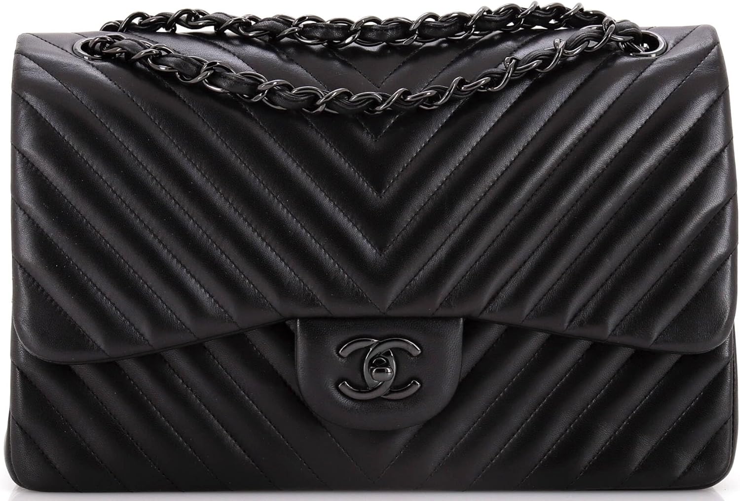 Chanel, So Black Classic Double Flap Bag Chevron Lambskin Jumbo, Black