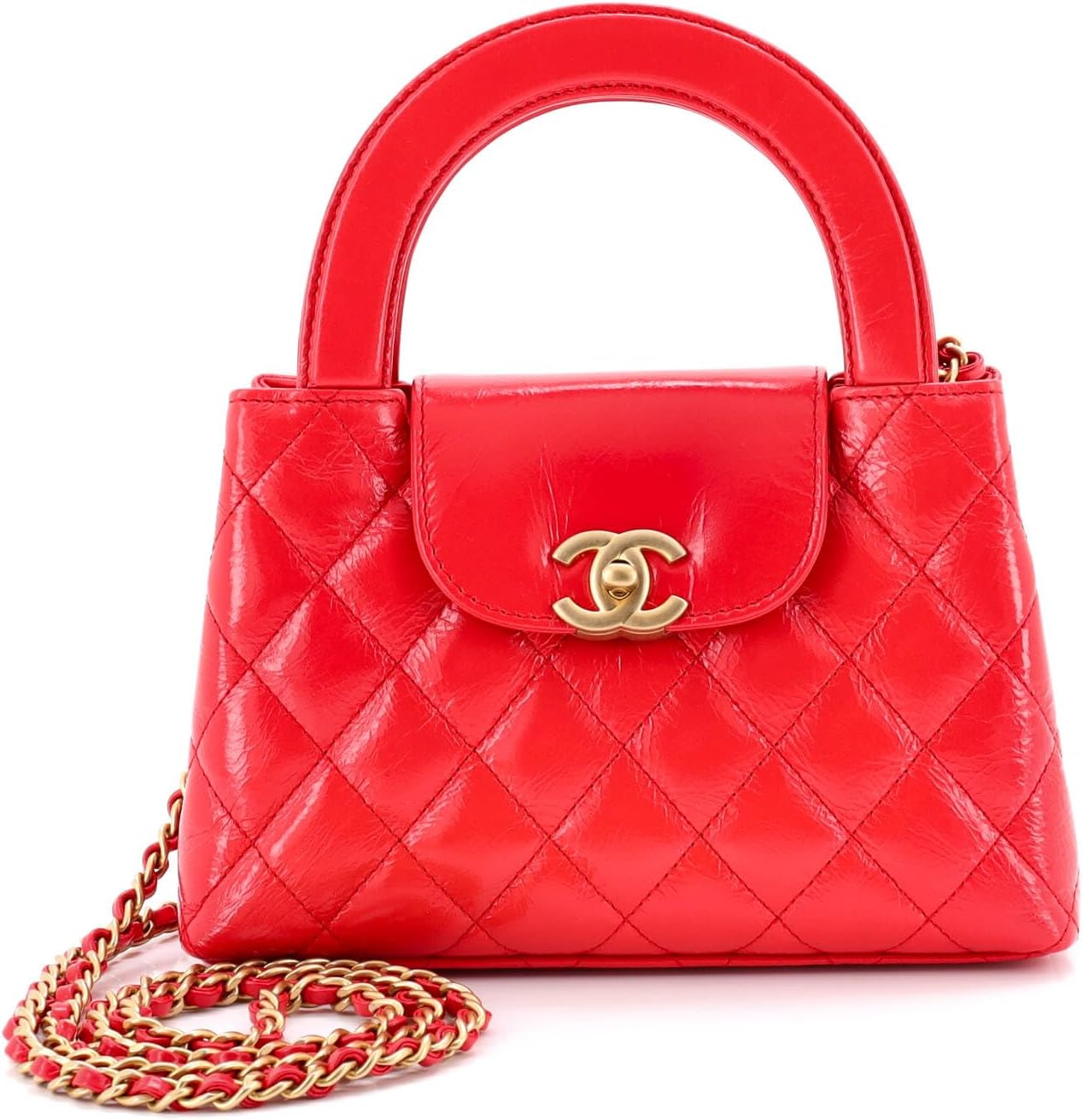 Chanel, Kelly Top Handle Shopping Bag Quilted Shiny Aged Calfskin Mini, Red