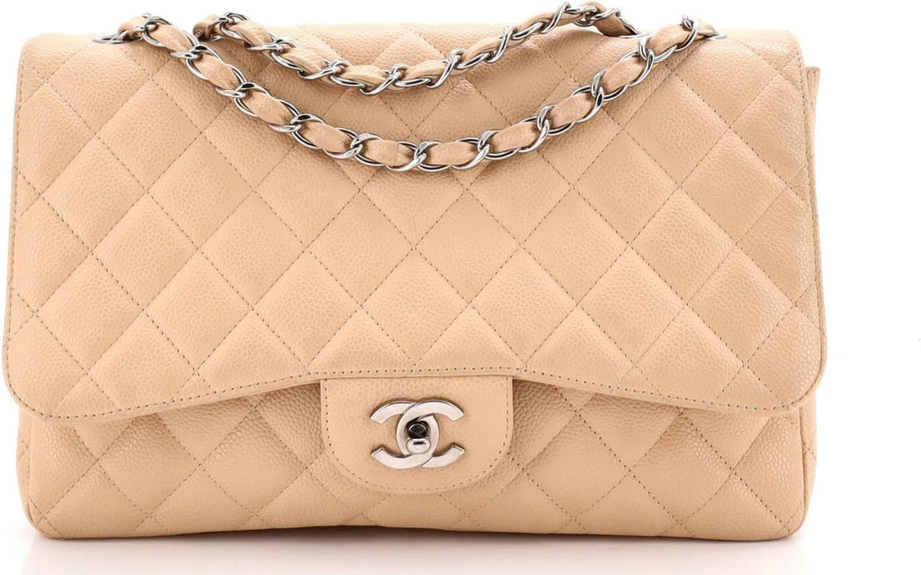 Chanel, Classic Single Flap Bag Quilted Caviar Jumbo, Neutral