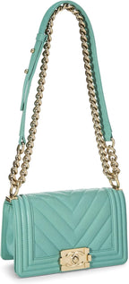 Chanel, Green Quilted Caviar Boy Small, Green