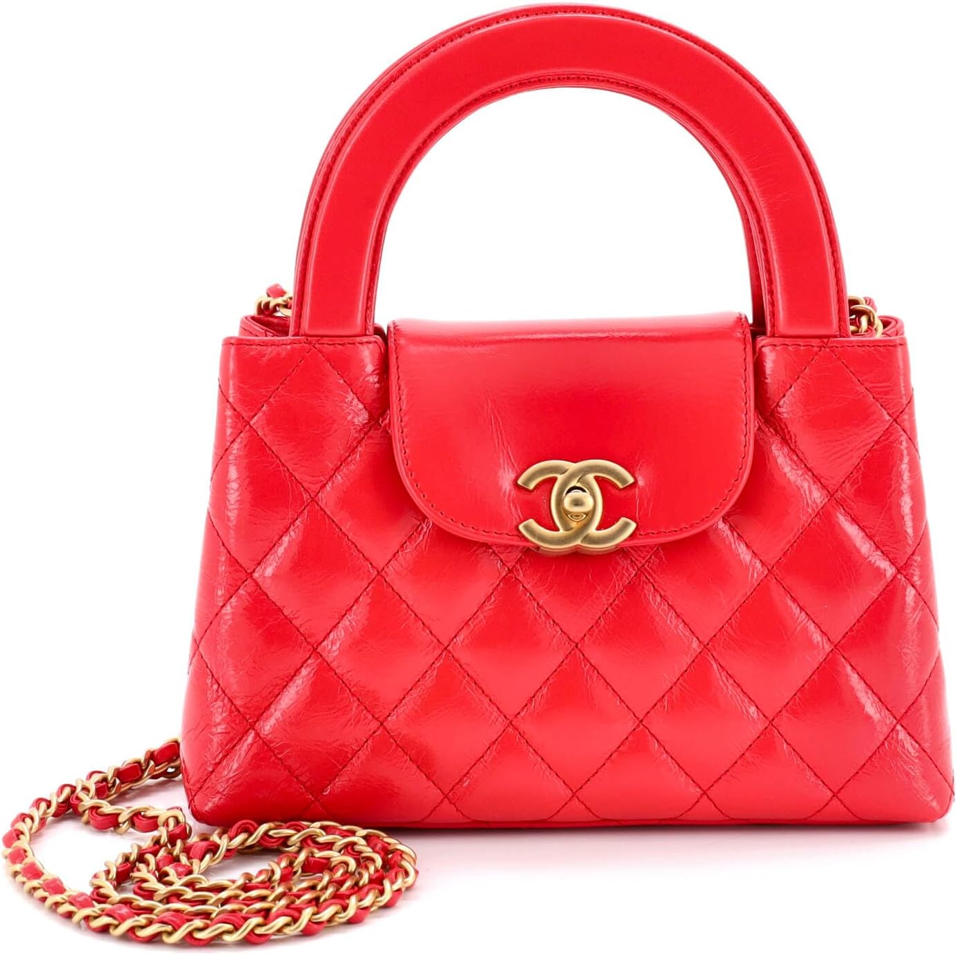 Chanel, Kelly Top Handle Shopping Bag Quilted Shiny Aged Calfskin Mini, Red